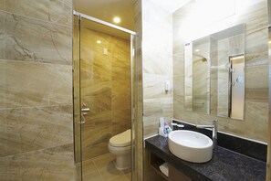 A bathroom with a glass-enclosed shower, a toilet, a sink, and a mirror.