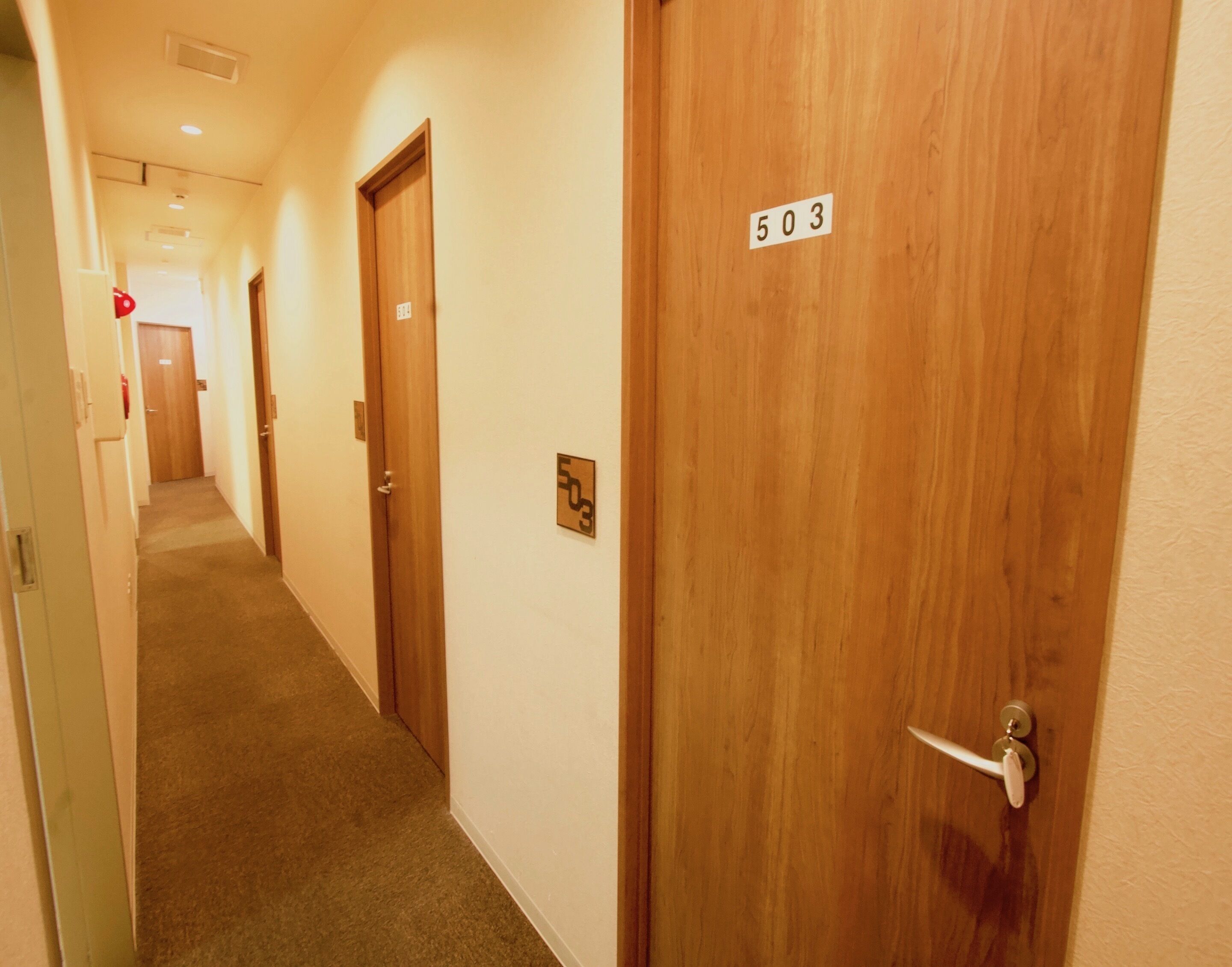 A hallway with wooden doors, each marked with a number.
