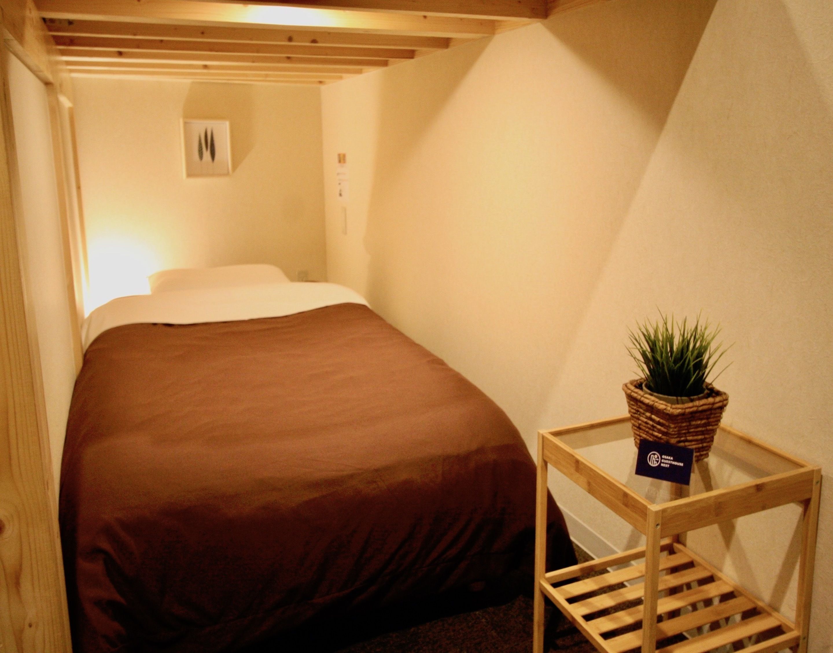 Une petite pièce agréable et chaleureuse, avec un lit simple, une petite table ornée d’une plante et une tête de lit en bois.