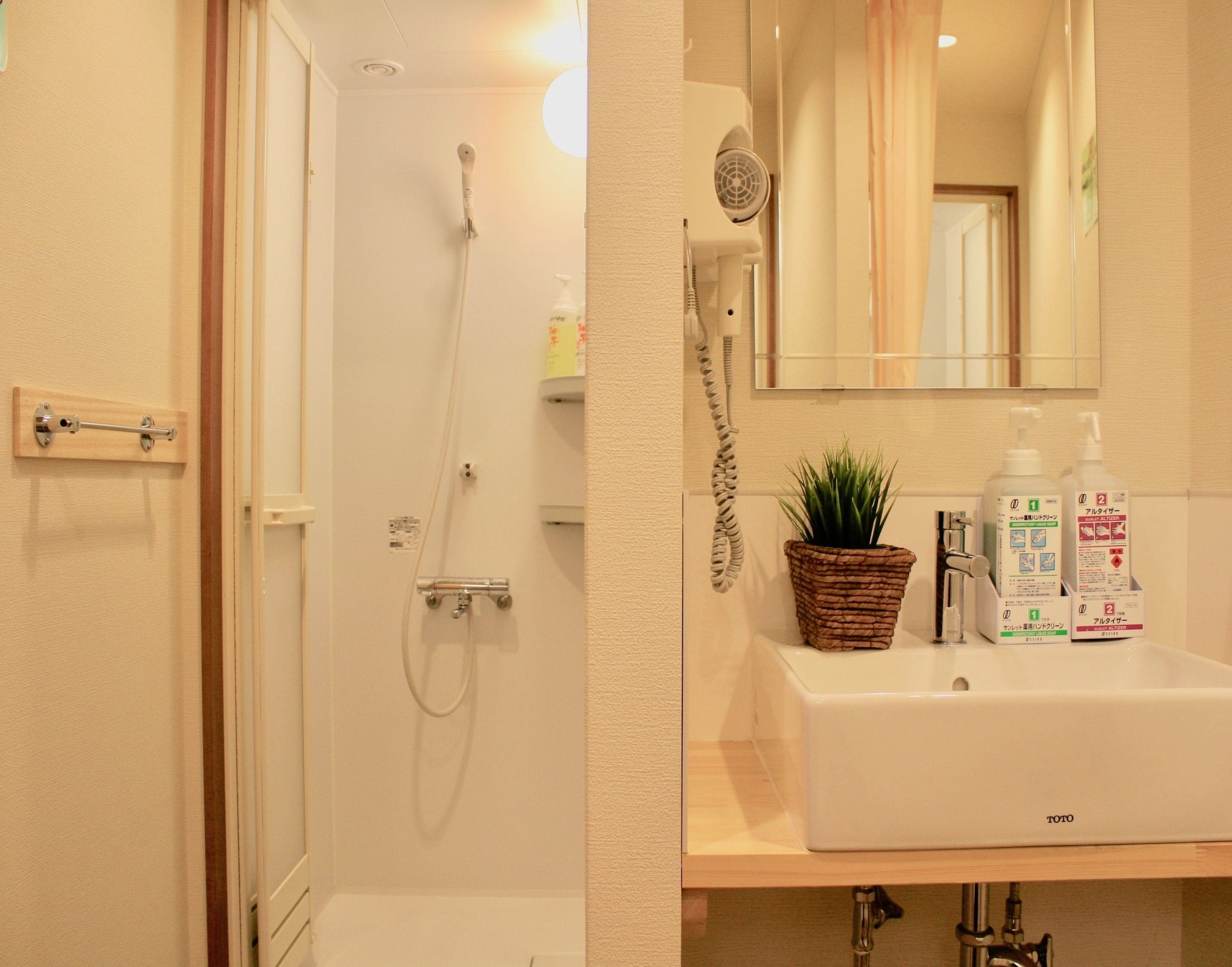 Shower, free toiletries, hair dryer, slippers