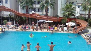 Outdoor pool, pool umbrellas, pool loungers