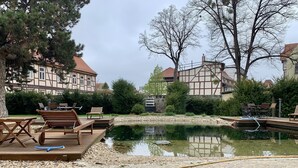 Un espace extérieur paisible avec un étang, une terrasse en bois et des chaises longues.
