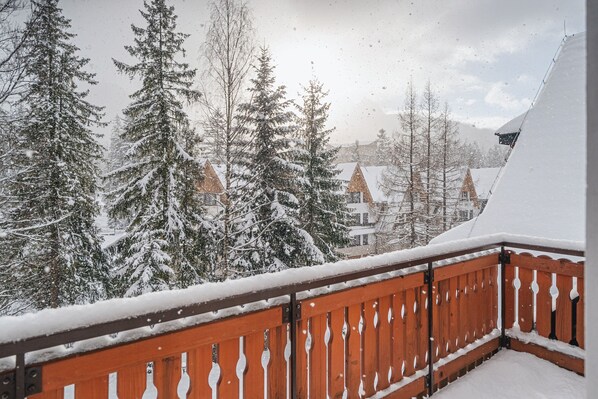A snow-covered balcony with a view of snow-laden trees and houses in the background. - Pensjonat Telimena - POLSKIE TATRY S.A. (Zakopane)