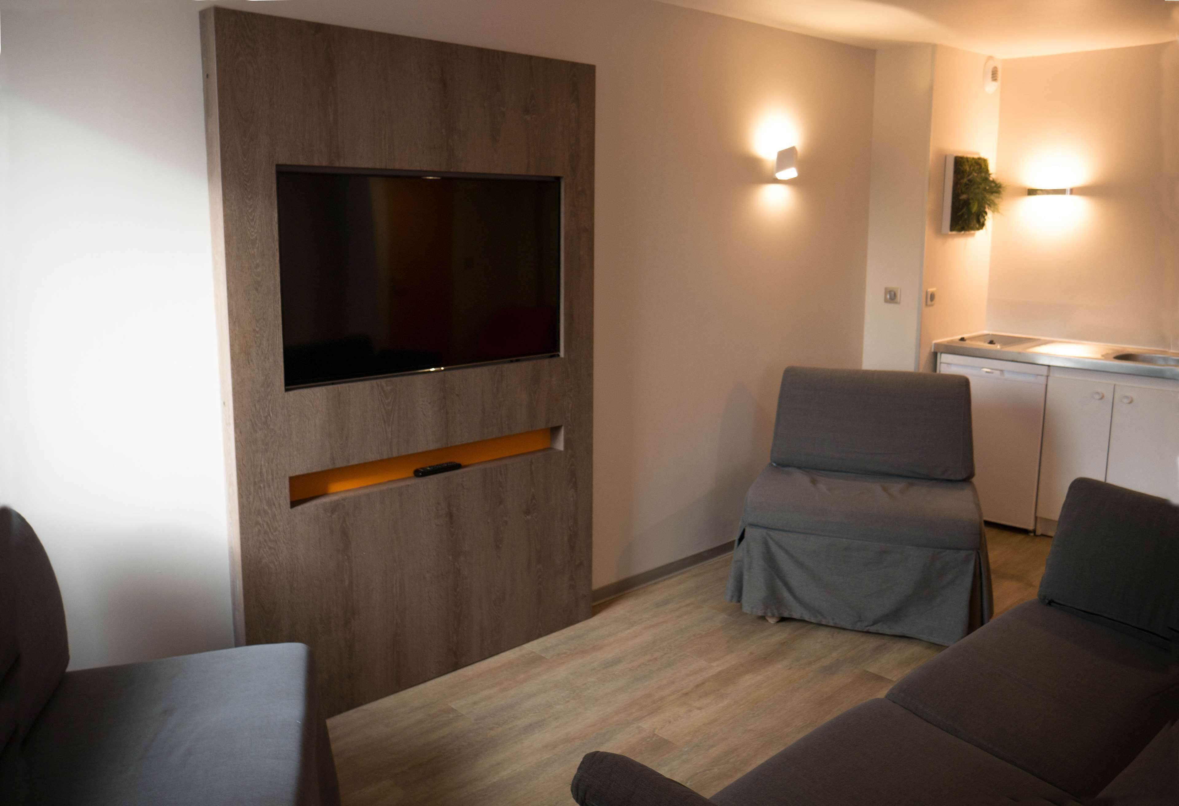 A modern living room with a flat-screen TV mounted on a wooden wall, grey sofas, and a kitchen area with a sink and countertop.