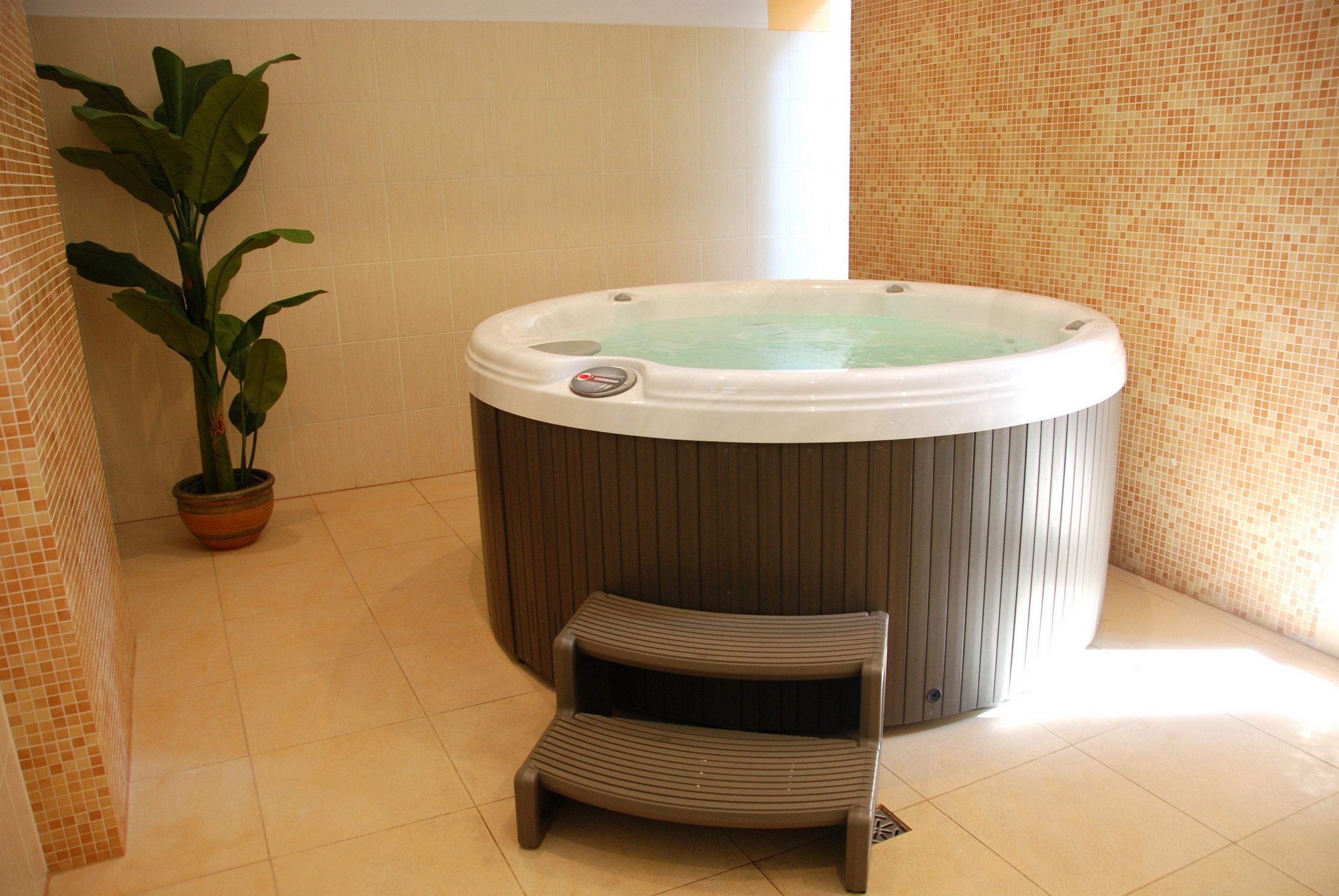 A hot tub with a step, surrounded by tiled walls and a potted plant.