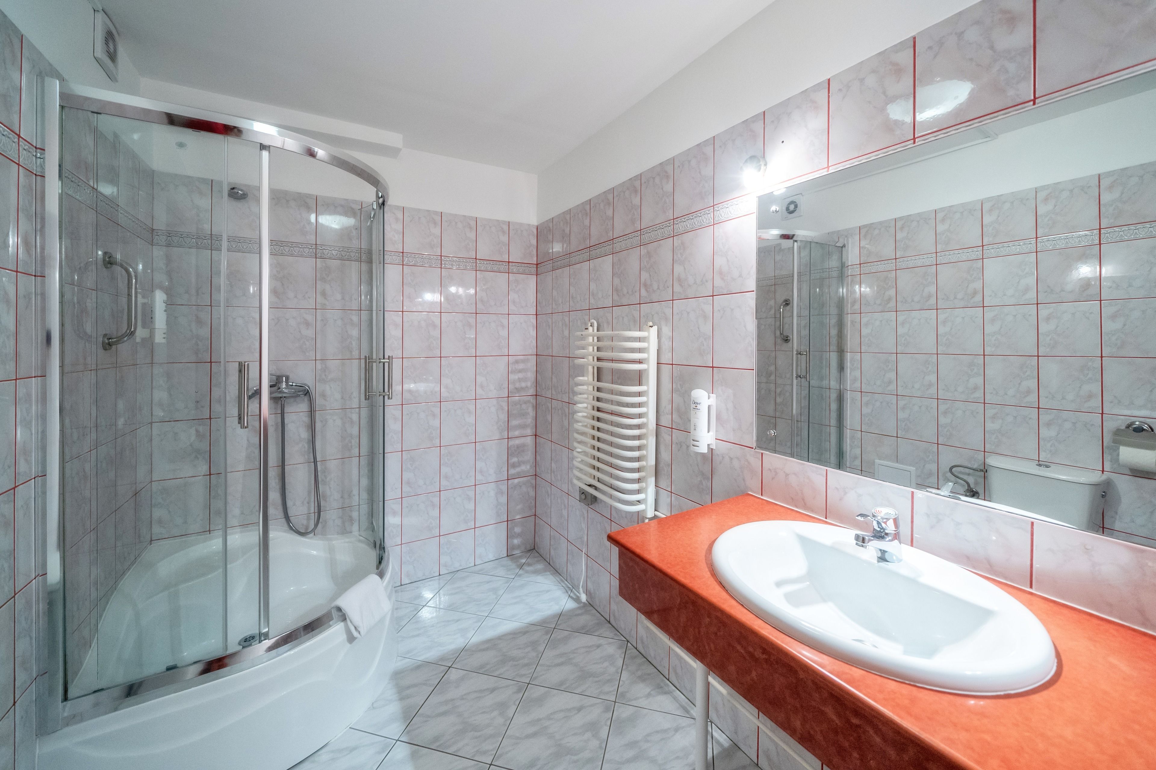 Ein modernes Badezimmer mit einer gläsernen Dusche, einem weißen Waschbecken und einem großen Spiegel.