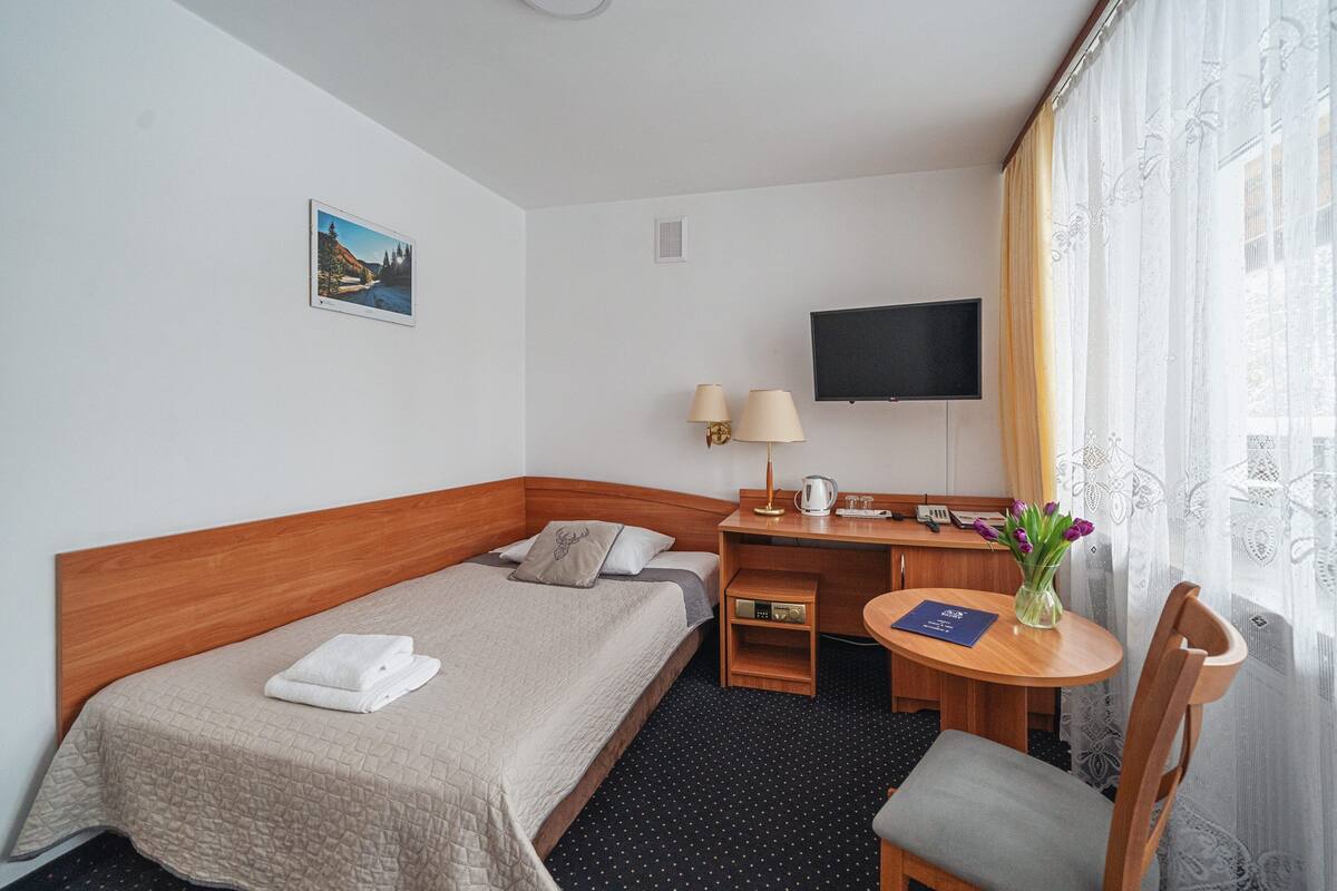 Een hotelkamer met een bed, bureau, stoel, televisie en een kleine tafel met een bloemenvaas.