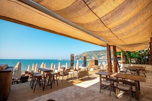 On the beach, free beach cabanas, sun loungers, beach umbrellas