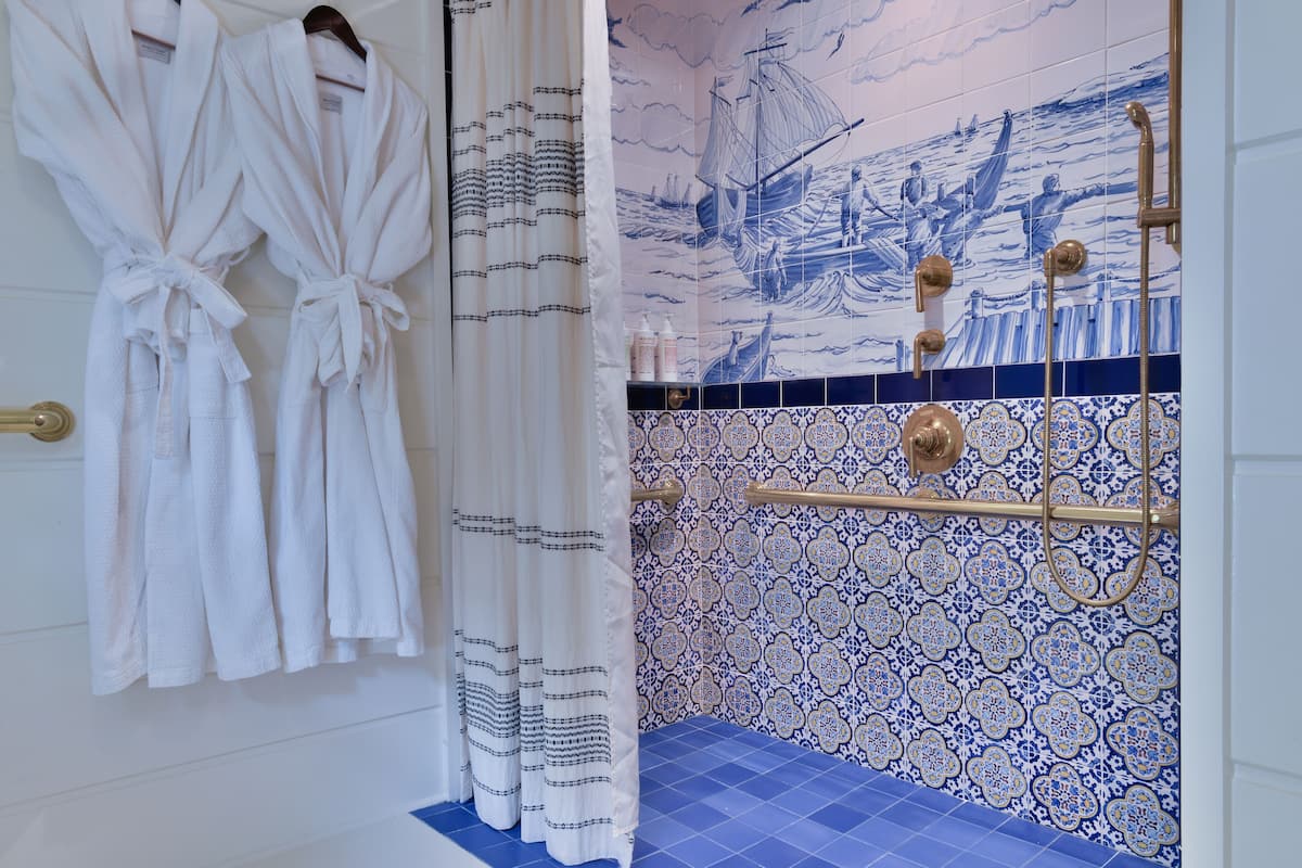 shower, designer toiletries, hair dryer, bathrobes