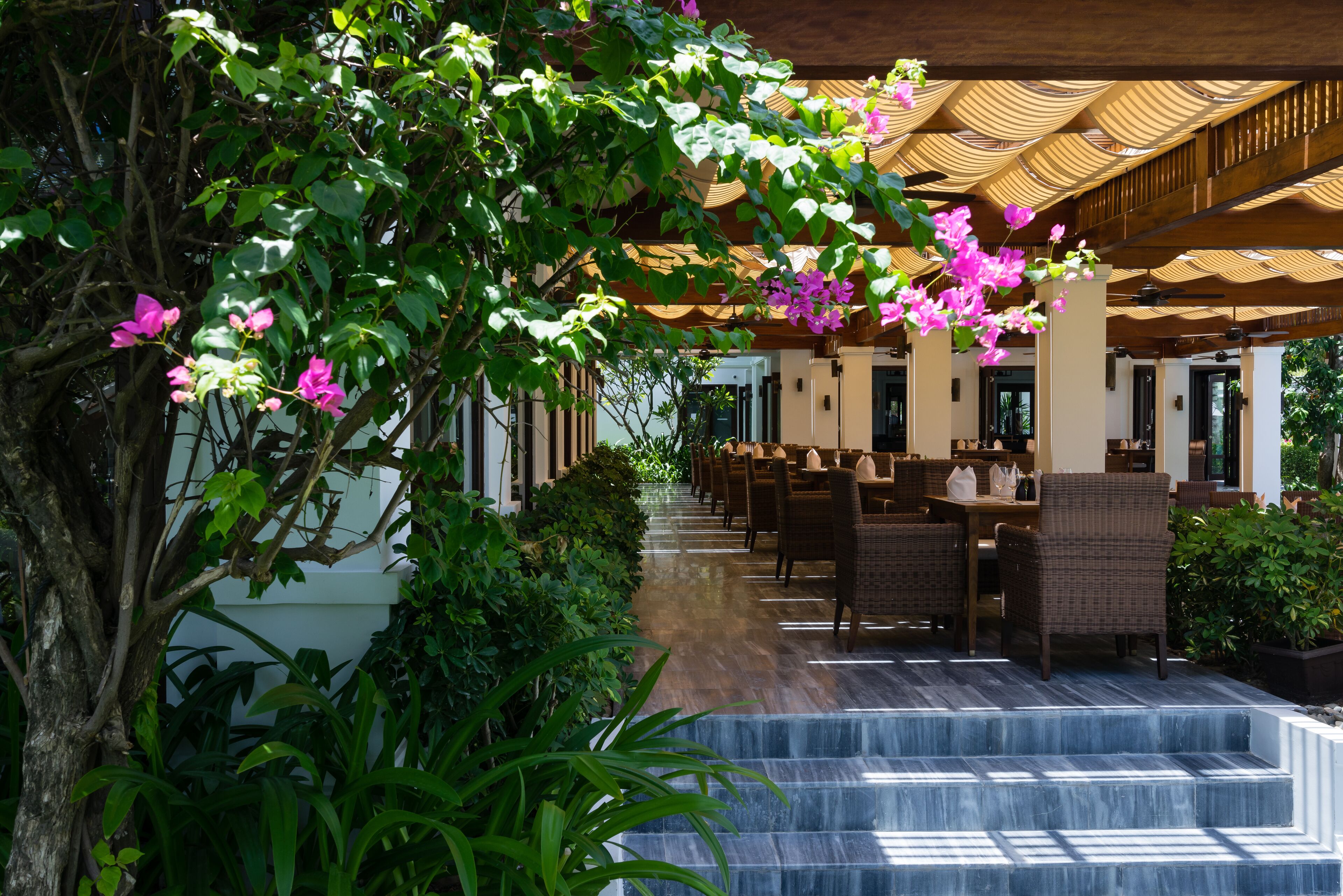 A covered outdoor seating area with a stone staircase leading up to it, surrounded by lush greenery and flowering plants.