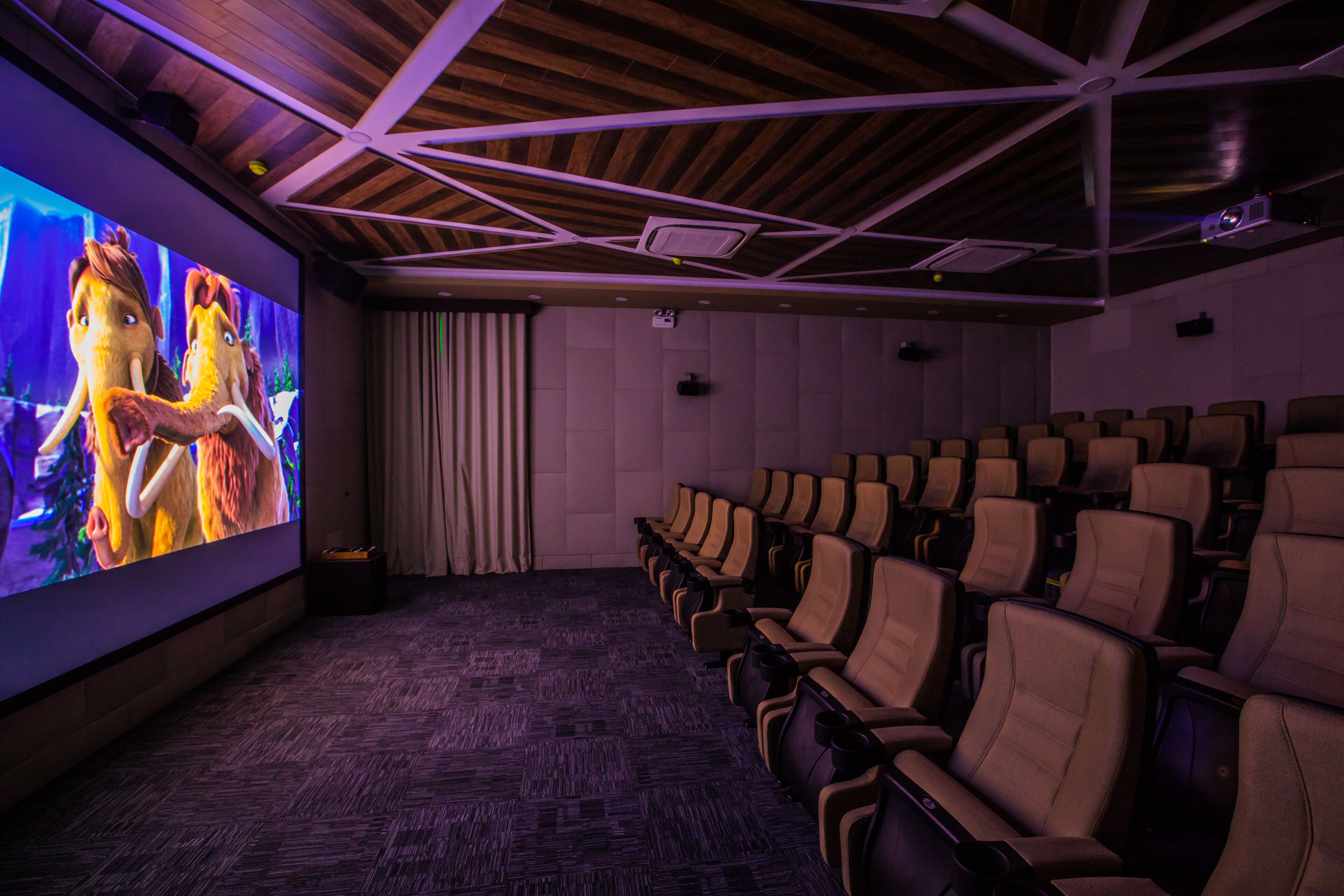 Ein Theater mit Reihen von Sitzplätzen, einer großen Leinwand und einer Holzbalkendecke.