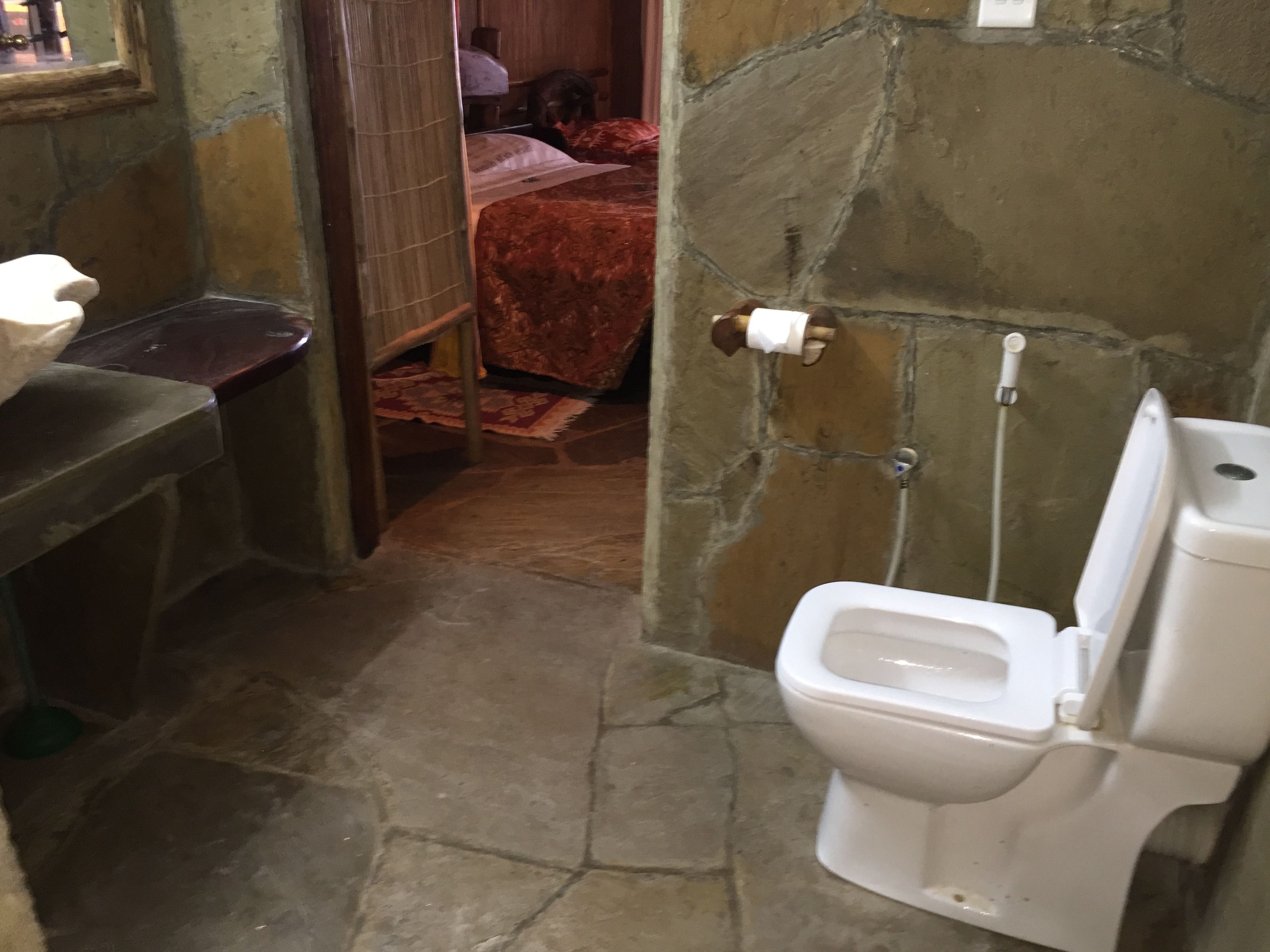 A bathroom with a stone wall, a toilet, a sink, and a mirror.