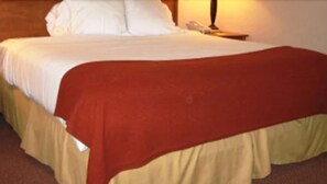 A bed with a white sheet and a red blanket, a bedside table with a lamp, and a wall-mounted telephone.