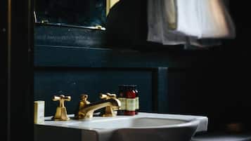 Shower, rainfall showerhead, designer toiletries, hair dryer