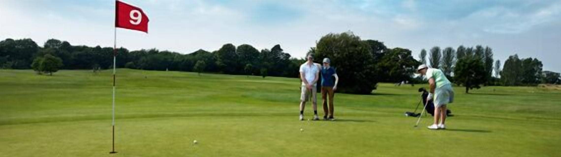 A golf course with a flag marked '9'.
