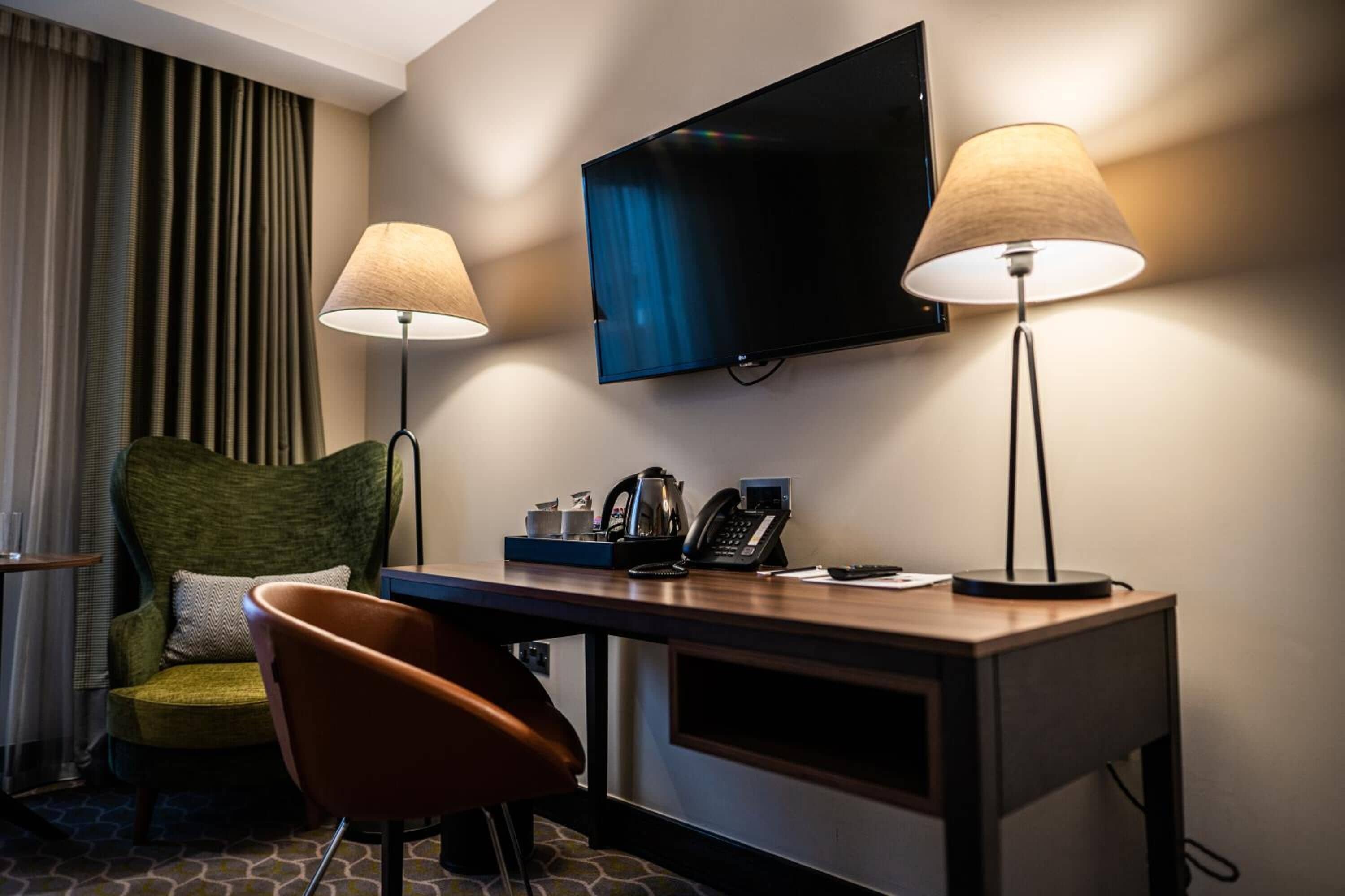 in-room safe, desk, blackout curtains, iron/ironing board