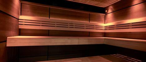 A modern sauna with wooden benches and a sloped ceiling.