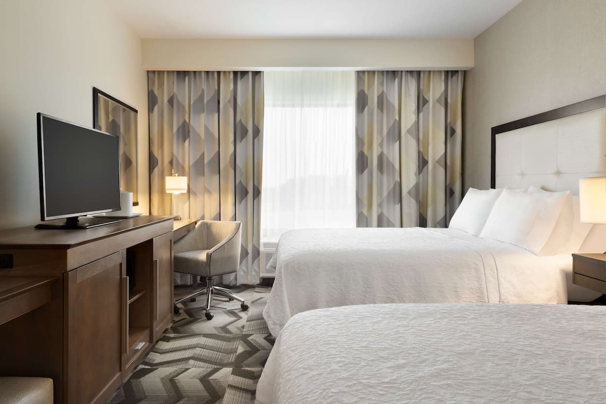 A hotel room with two beds, a TV, a desk, and a chair.
