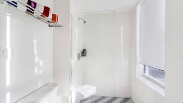Une salle de bain moderne avec une douche à parois de verre, des toilettes et une fenêtre.