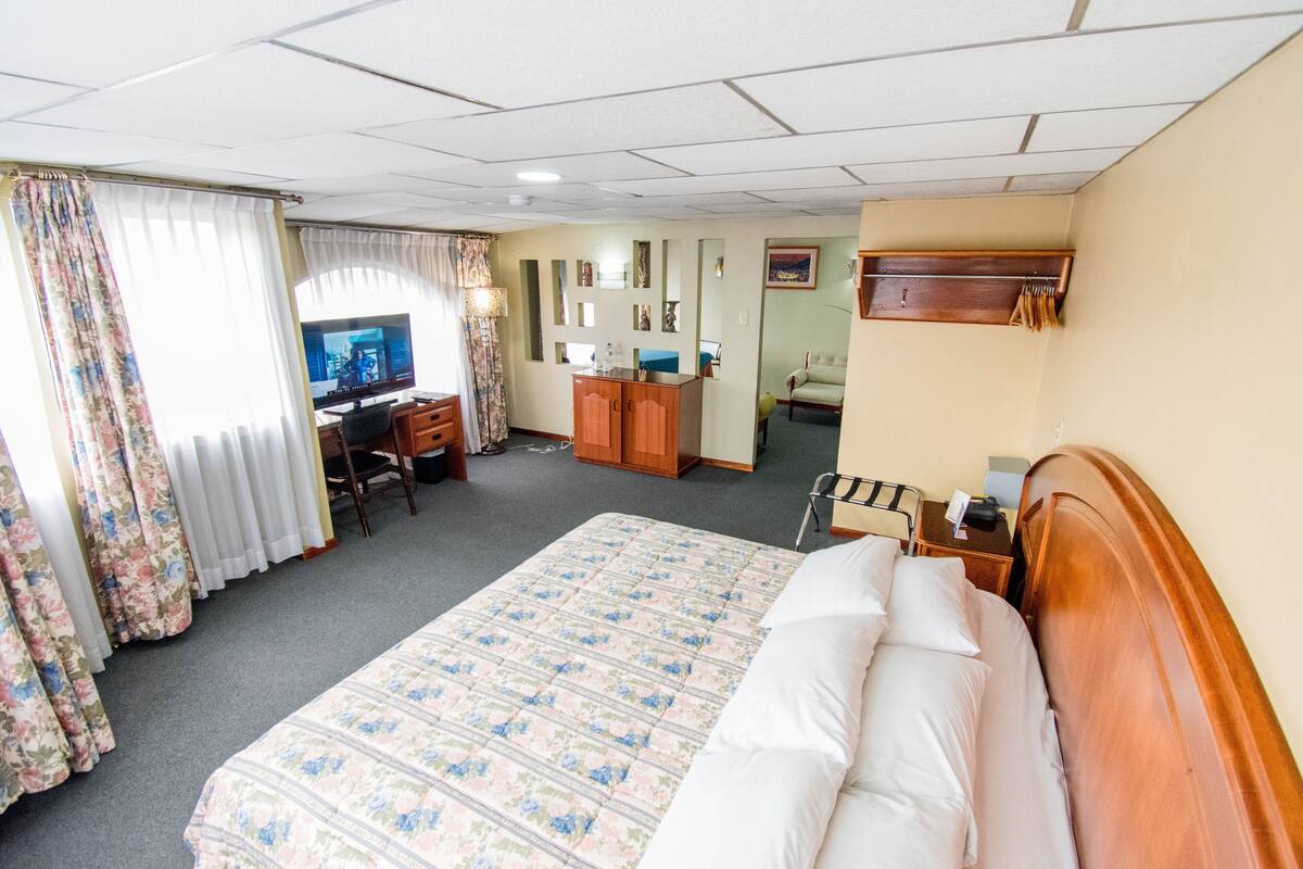 Una habitación de hotel con una cama grande, un escritorio con computadora, un armario y un televisor.