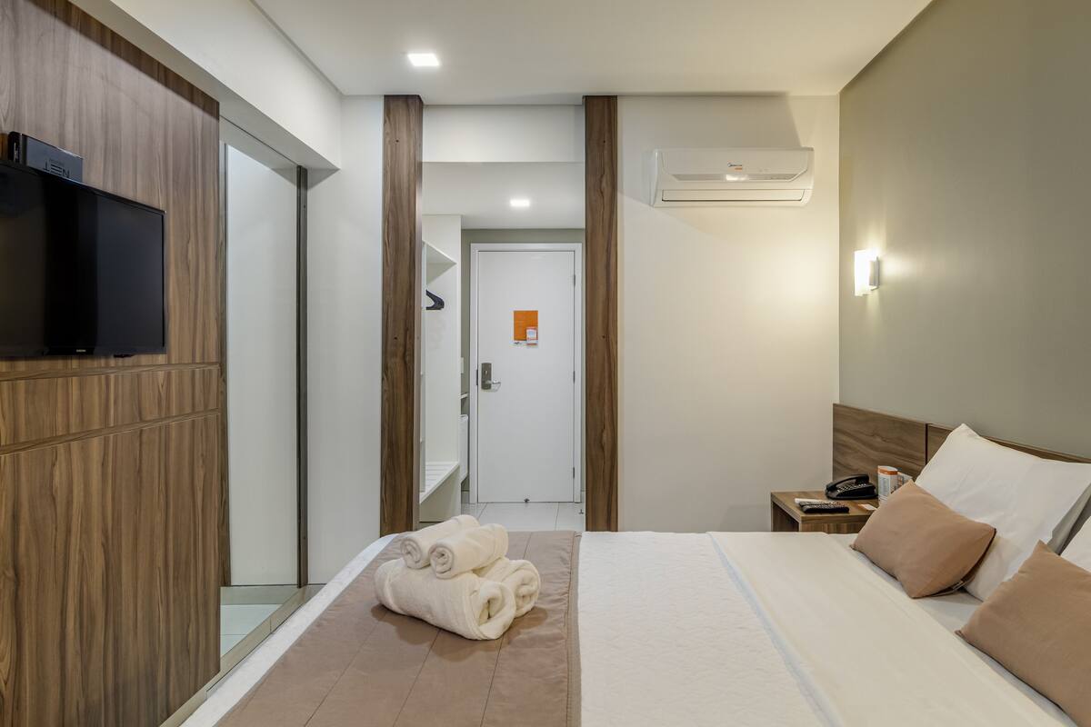 luxury double room | bathroom | shower, hair dryer, towels