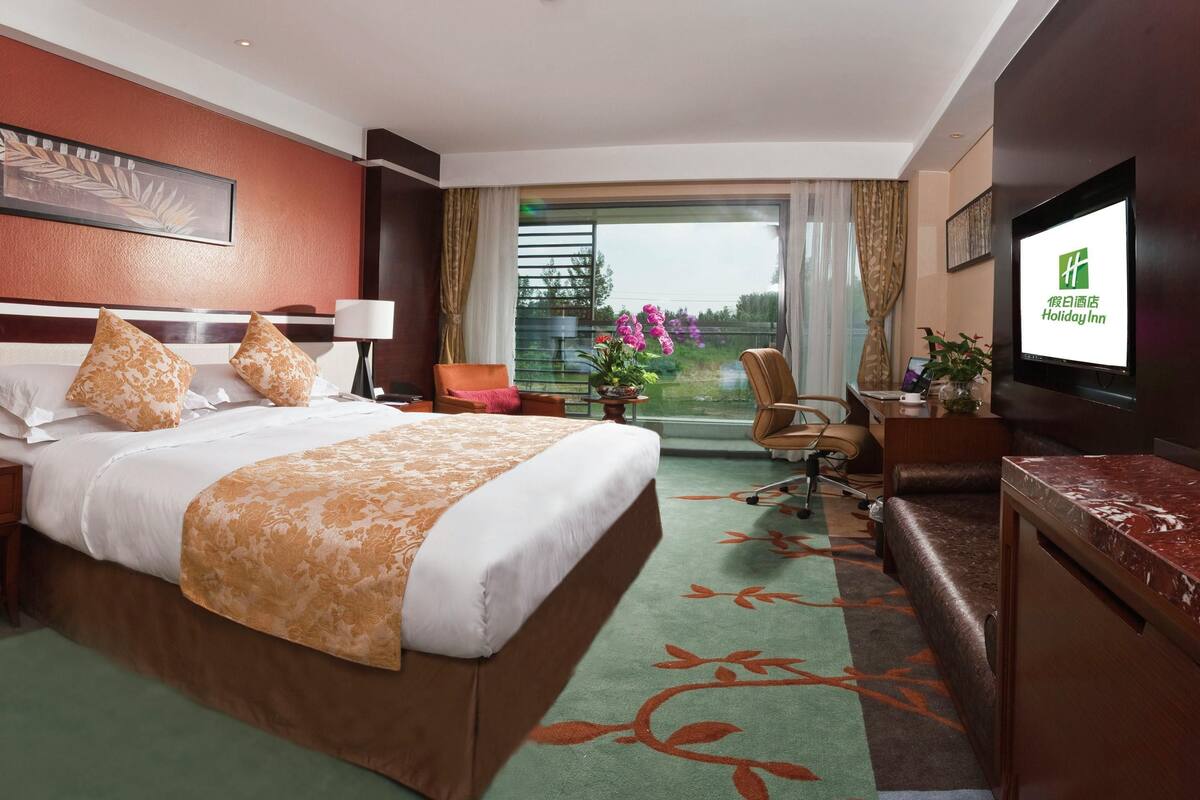 A hotel room with a large bed, a desk, a chair, a TV, and a view of the outdoors.