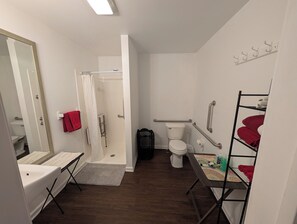 Handicap Accessible King Size Bed | Bathroom | Shower, free toiletries, hair dryer, towels - Apple Inn and Suites Cooperstown Area (Milford)