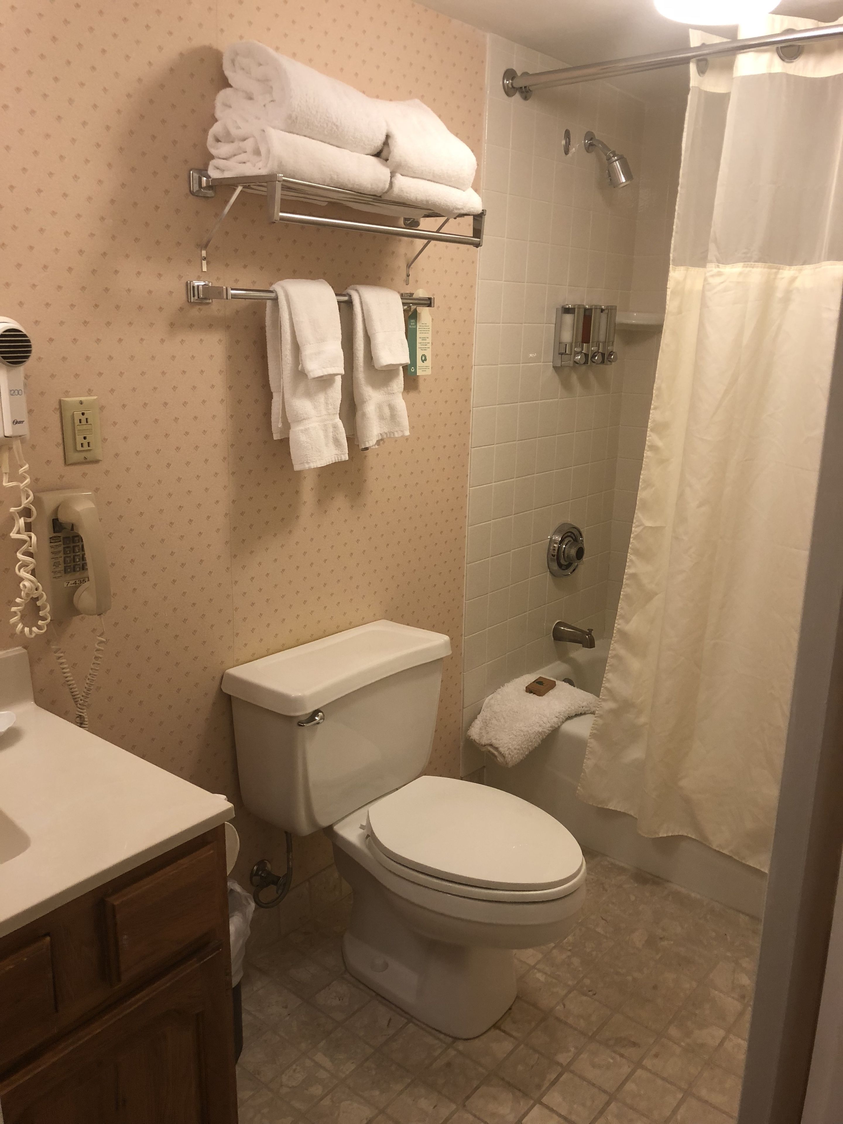 A bathroom with a toilet, a shower, a towel rack with towels, a hairdryer, and a phone.