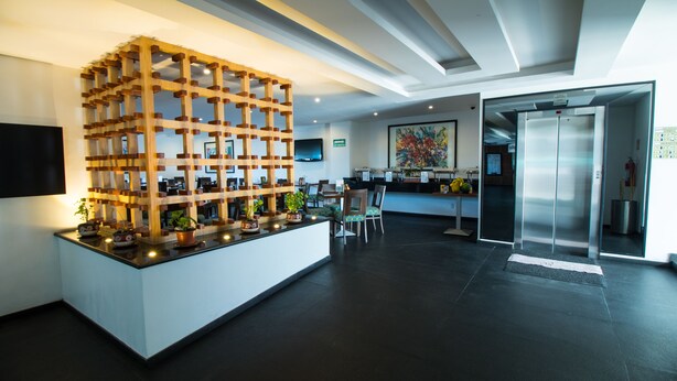 A modern hotel lobby with a reception desk, seating area, and an elevator. - Hotel Atenas Plaza (Mexico City)