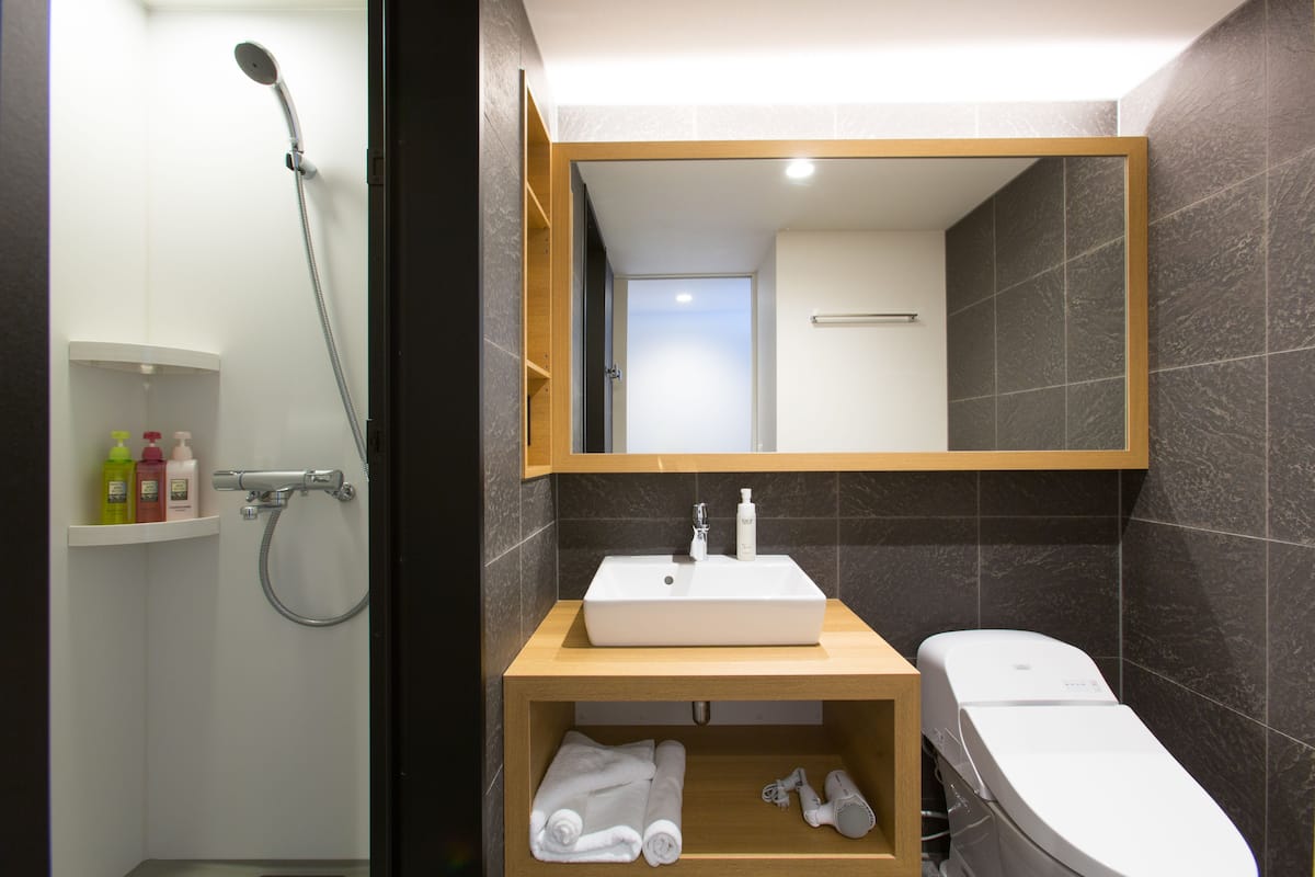 combined shower/bathtub, free toiletries, hair dryer, slippers