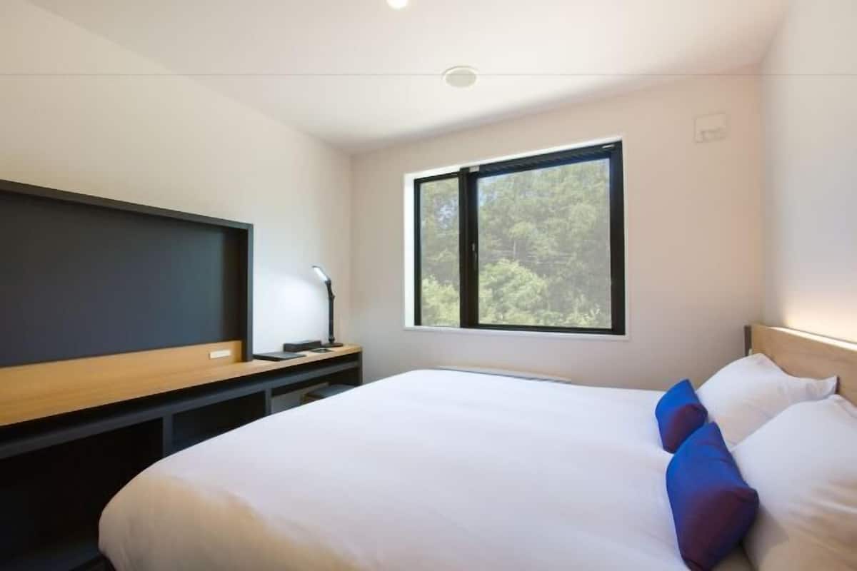 Un dormitorio con cama, escritorio, silla, televisión y ventana.
