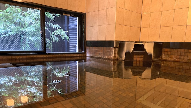 A tiled floor with a reflective surface, a window with a view of bamboo, and a tiled wall. - Green Rich Hotel Hiroshima Shinkansenguchi (Artificial hot spring Futamata Yunohana) (Hiroshima)