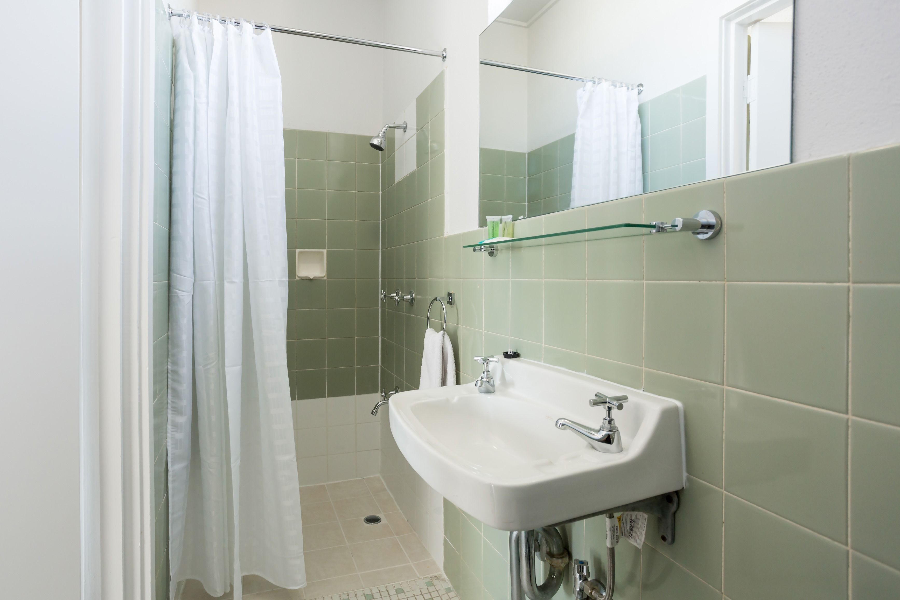 Un baño con ducha, lavabo y espejo.