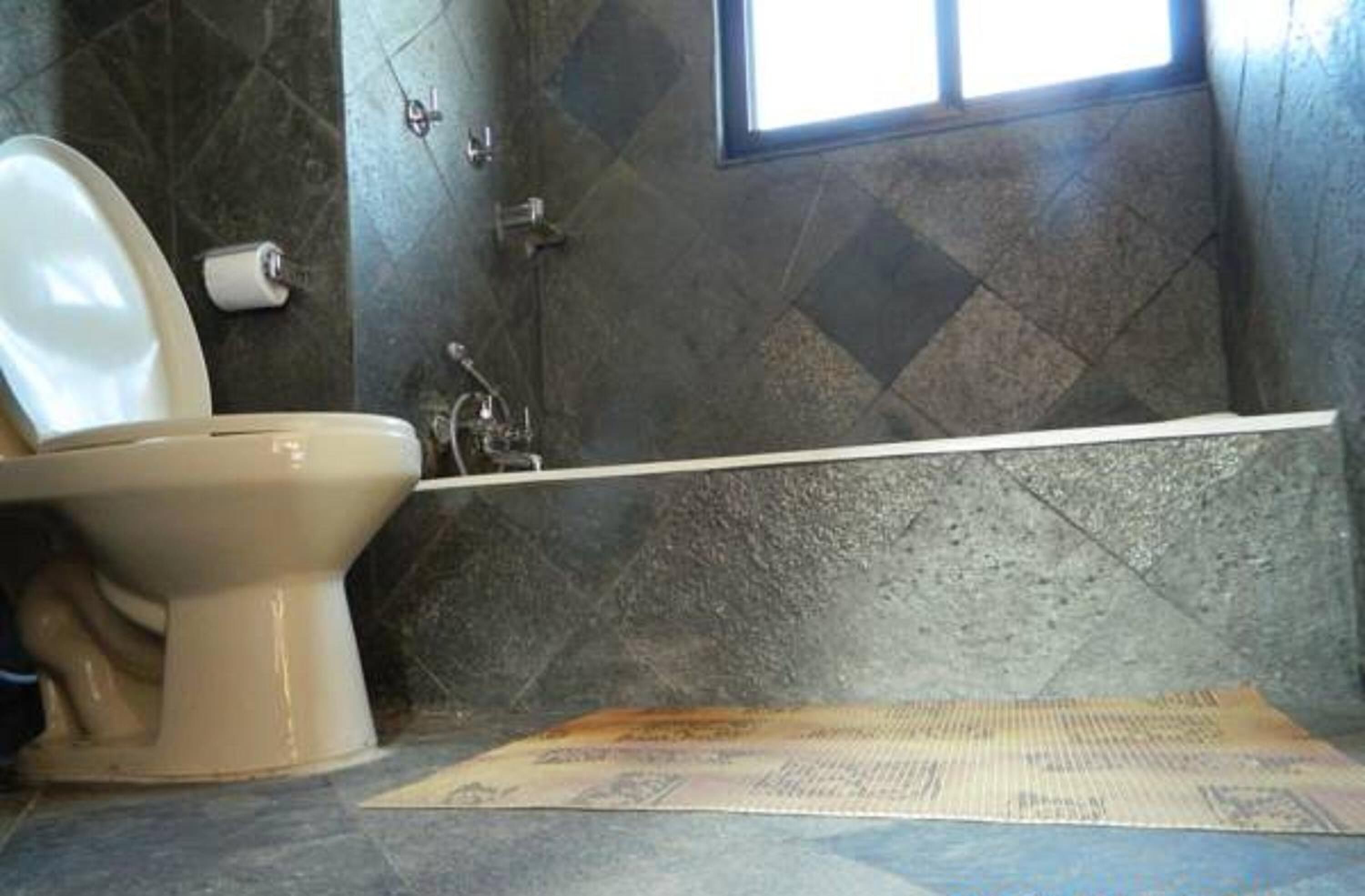 combined shower/bathtub, free toiletries, slippers, towels