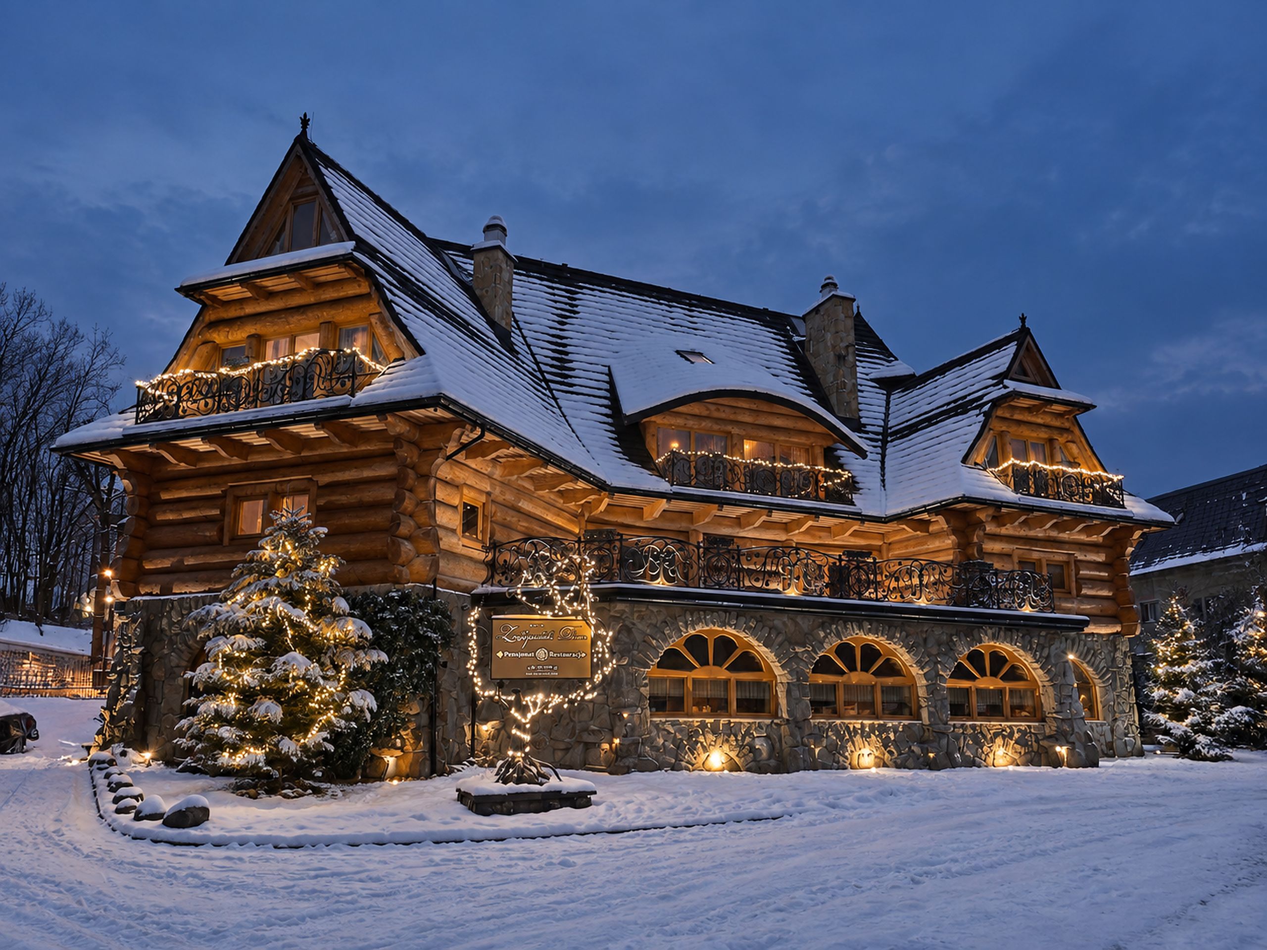 A log cabin-style hotel with multiple balconies, stone facade, and snow-covered surroundings.