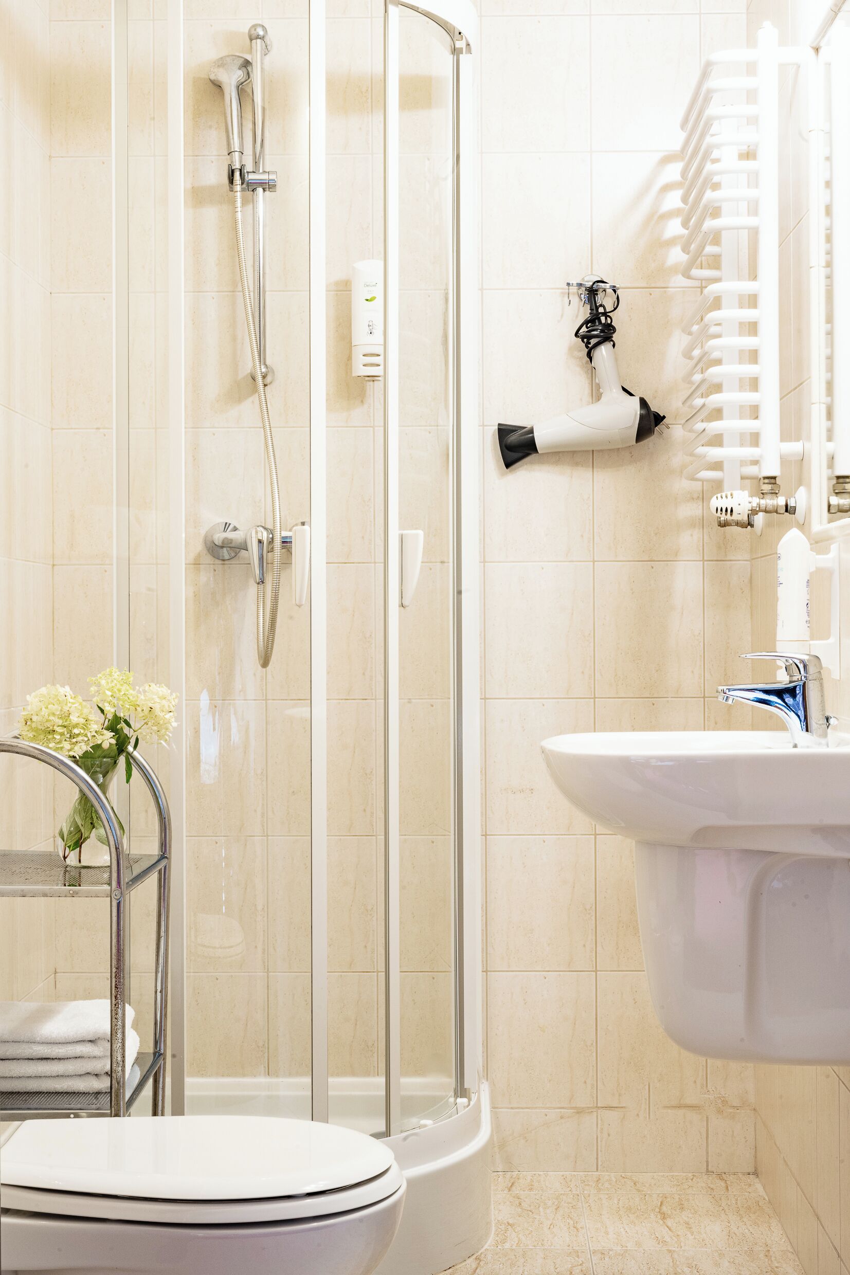 Un baño con cabina de ducha de vidrio, un lavamanos blanco y un inodoro.