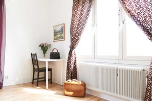 Individually decorated, individually furnished, desk, laptop workspace