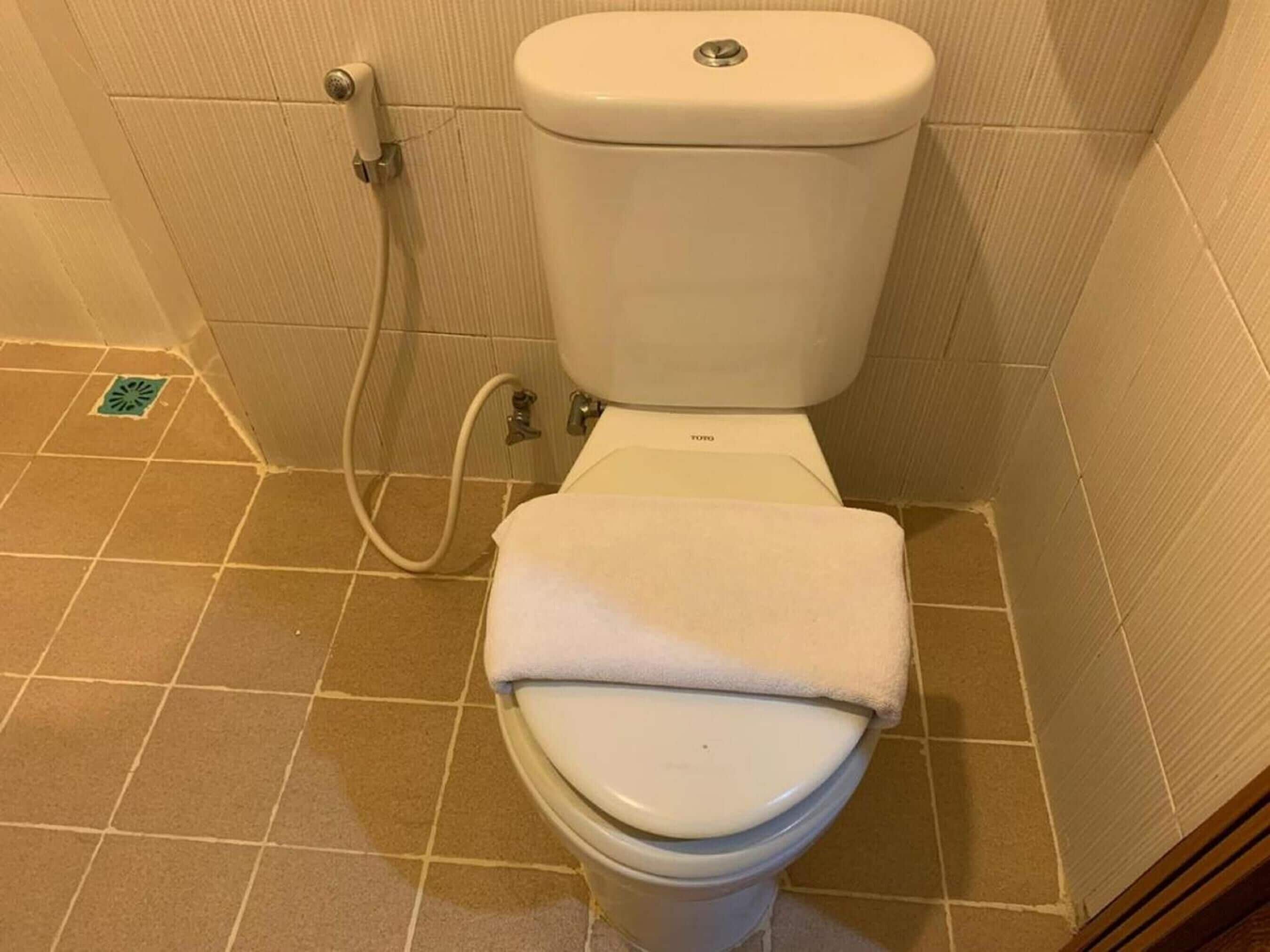 A white toilet with a closed lid, a visible toilet paper holder, and a shower hose.