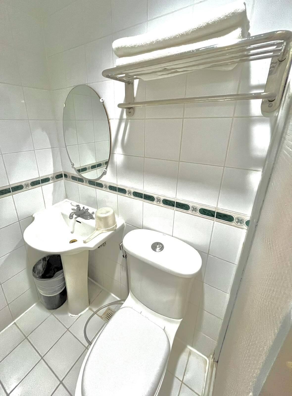 Une salle de bain équipée d’un WC, d’un lavabo, d’un miroir et d’un porte-serviettes.
