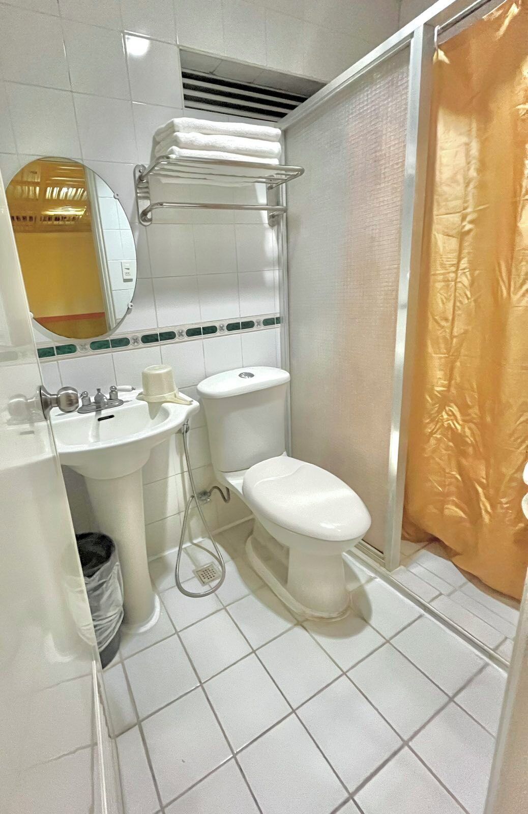 A bathroom with a sink, toilet, and shower curtain.