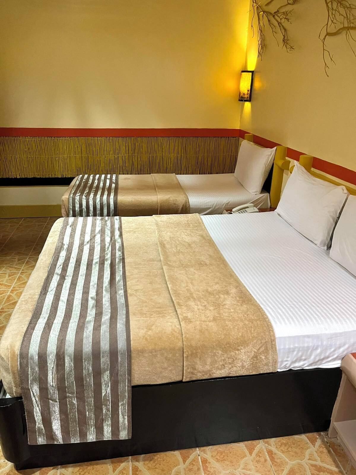 A hotel room with two beds, each with a striped blanket and white pillows. There is a wall-mounted light fixture above the beds.