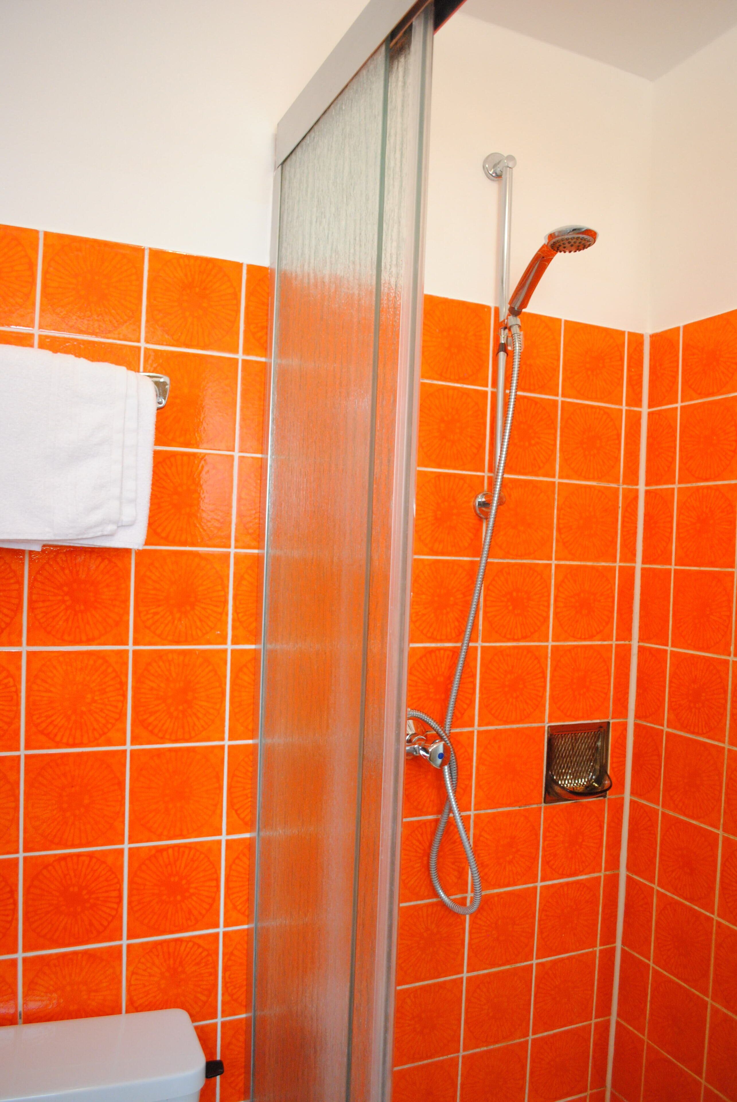 economy double room | bathroom | shower, hair dryer, towels, soap