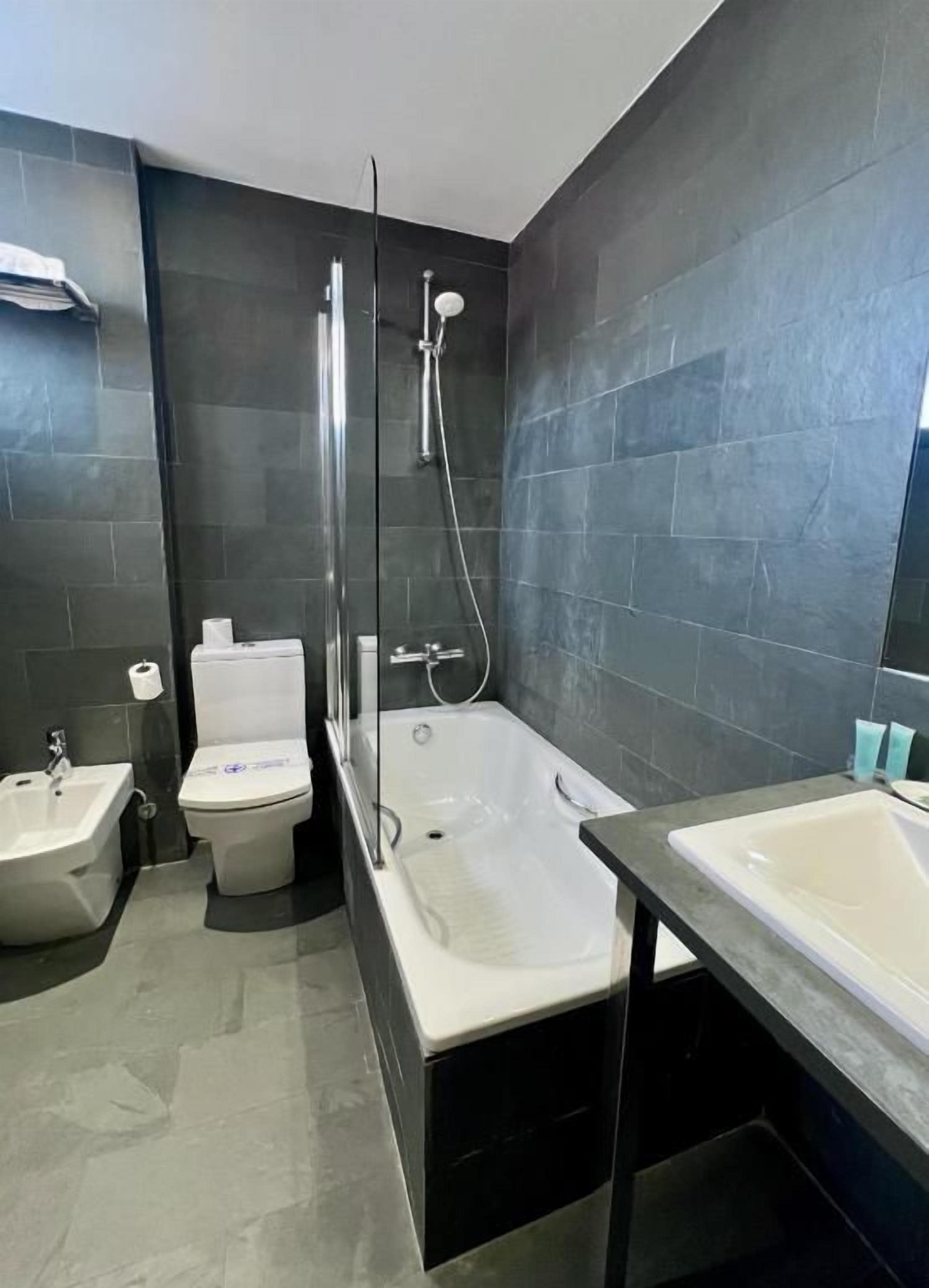 A modern bathroom with a shower, toilet, bidet, and two sinks.