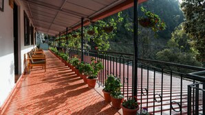 Un balcon abrité, agrémenté de plantes en pot et de bancs en bois.