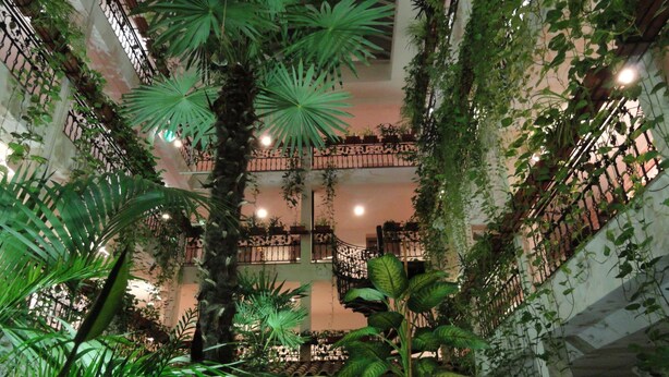 An indoor atrium with multiple levels, featuring lush green plants and a central staircase. - Solitaire Hotel & Boardinghouse Berlin (Berlin)