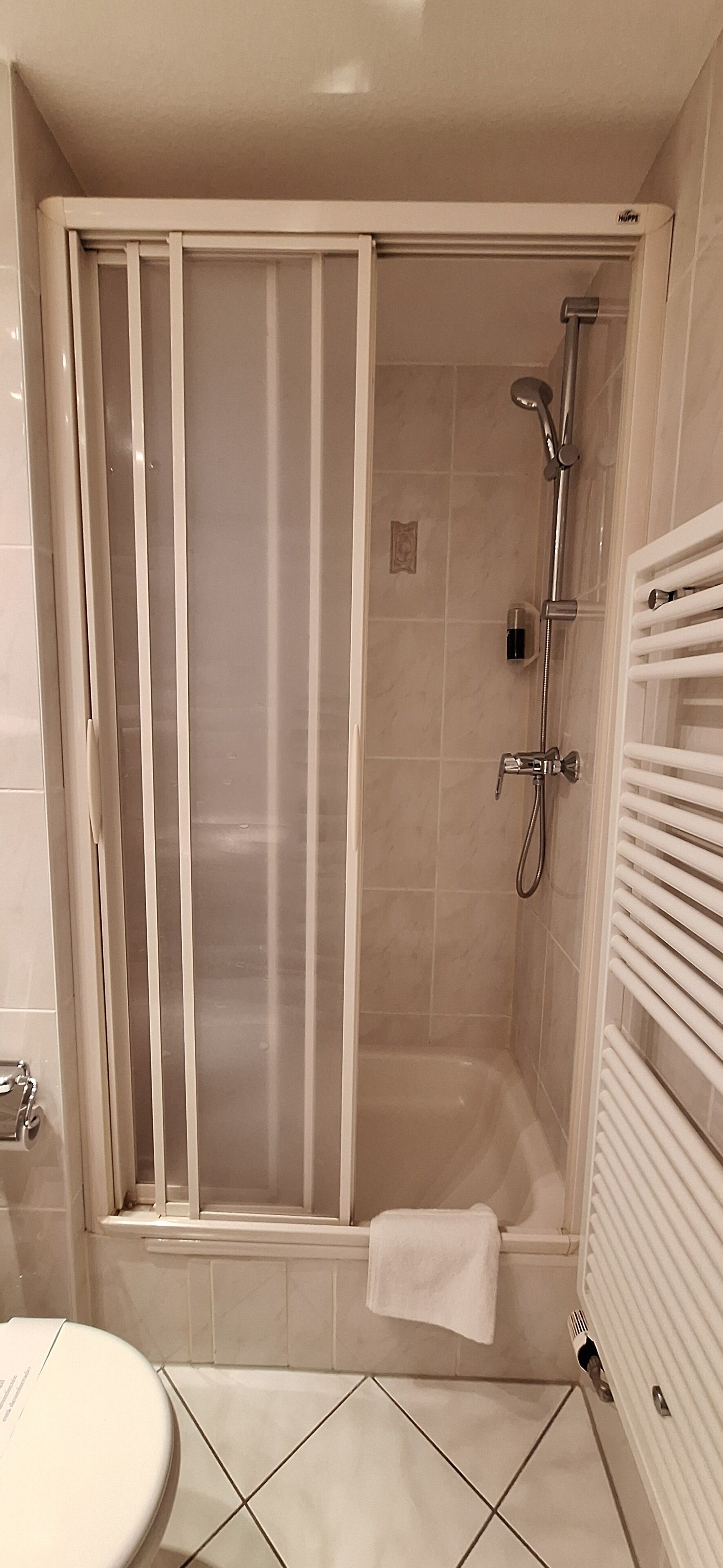A modern bathroom with a glass-enclosed shower, a white toilet, and a white towel hanging on the wall.