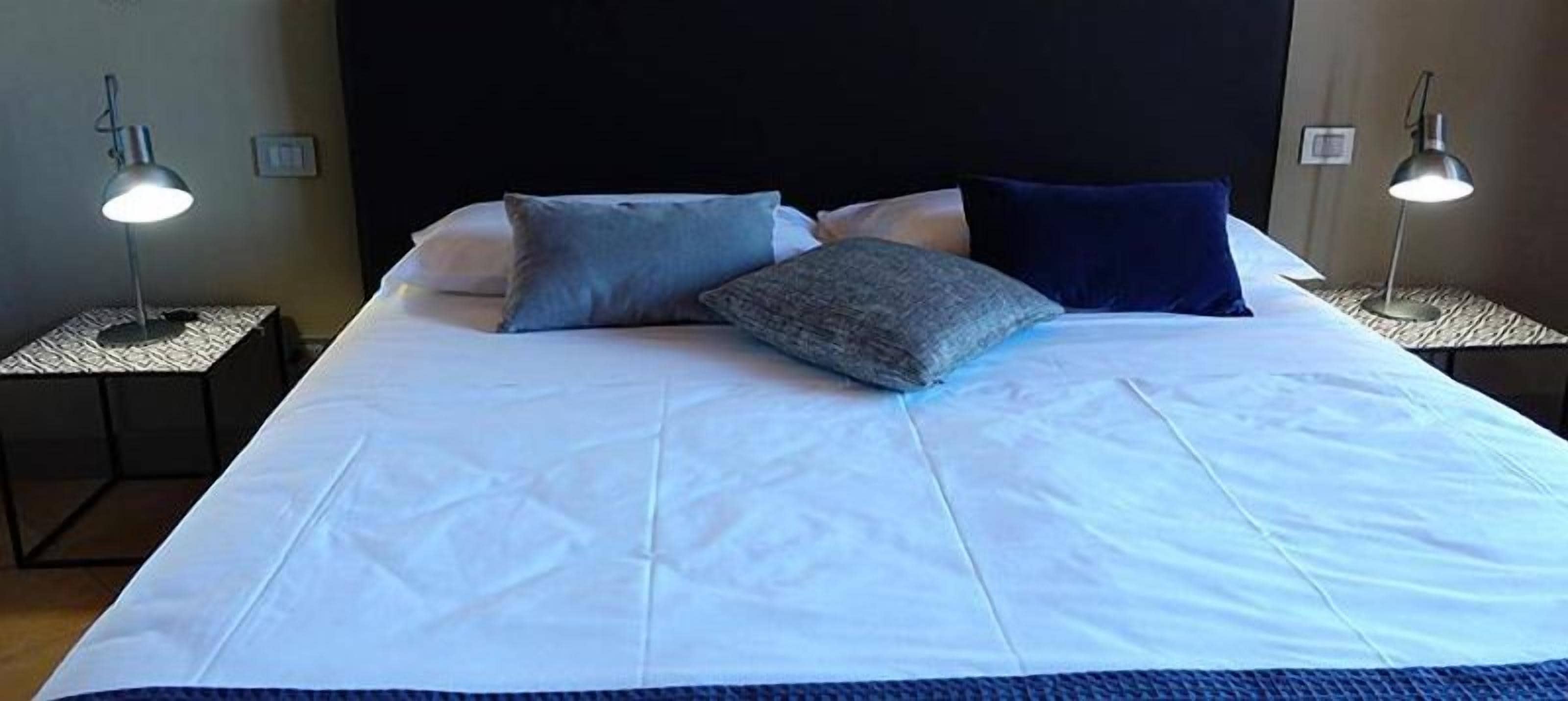 Una cama bien hecha con sábanas blancas y dos almohadas, dos lámparas de noche y un cabecero oscuro.