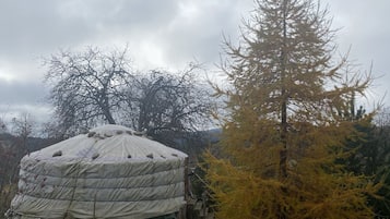A traditional yurt with a conical roof, surrounded by trees and a cloudy sky.