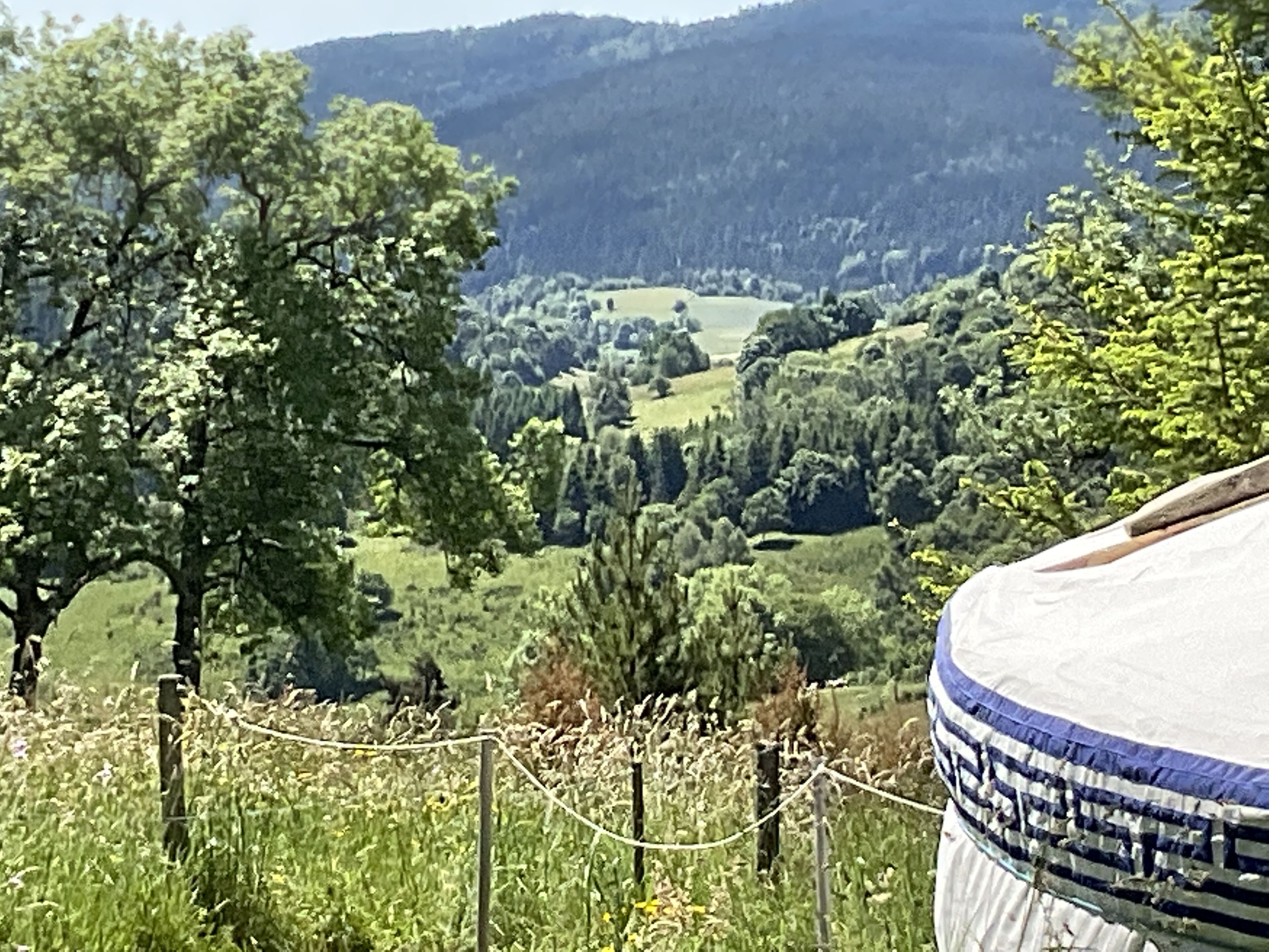 Uitzicht op een landelijk landschap met een omheind gebied en een gebouw met een wit- en blauw gestreepte luifel.