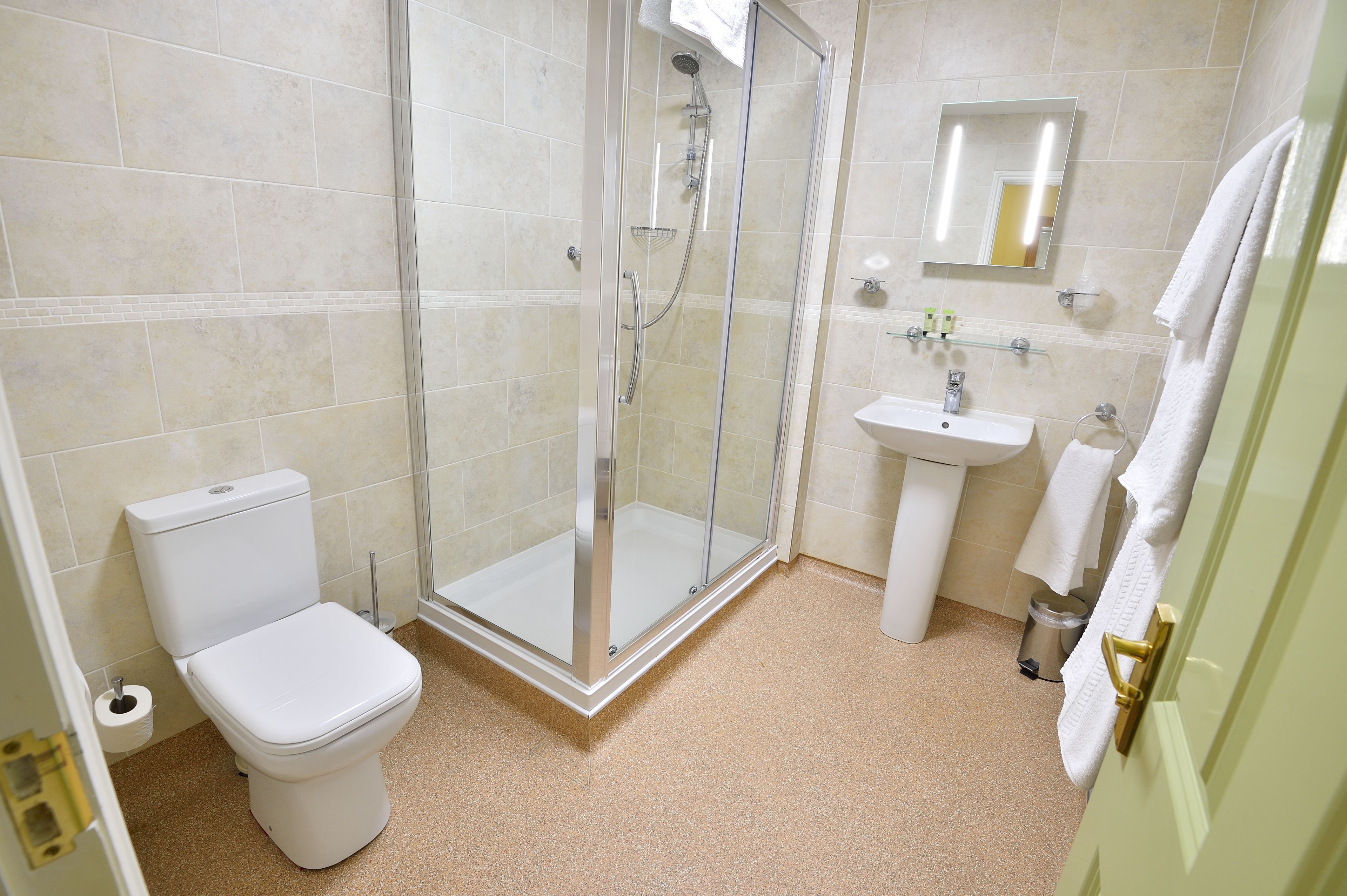 A bathroom with a toilet, a glass-enclosed shower, a sink, and a mirror.